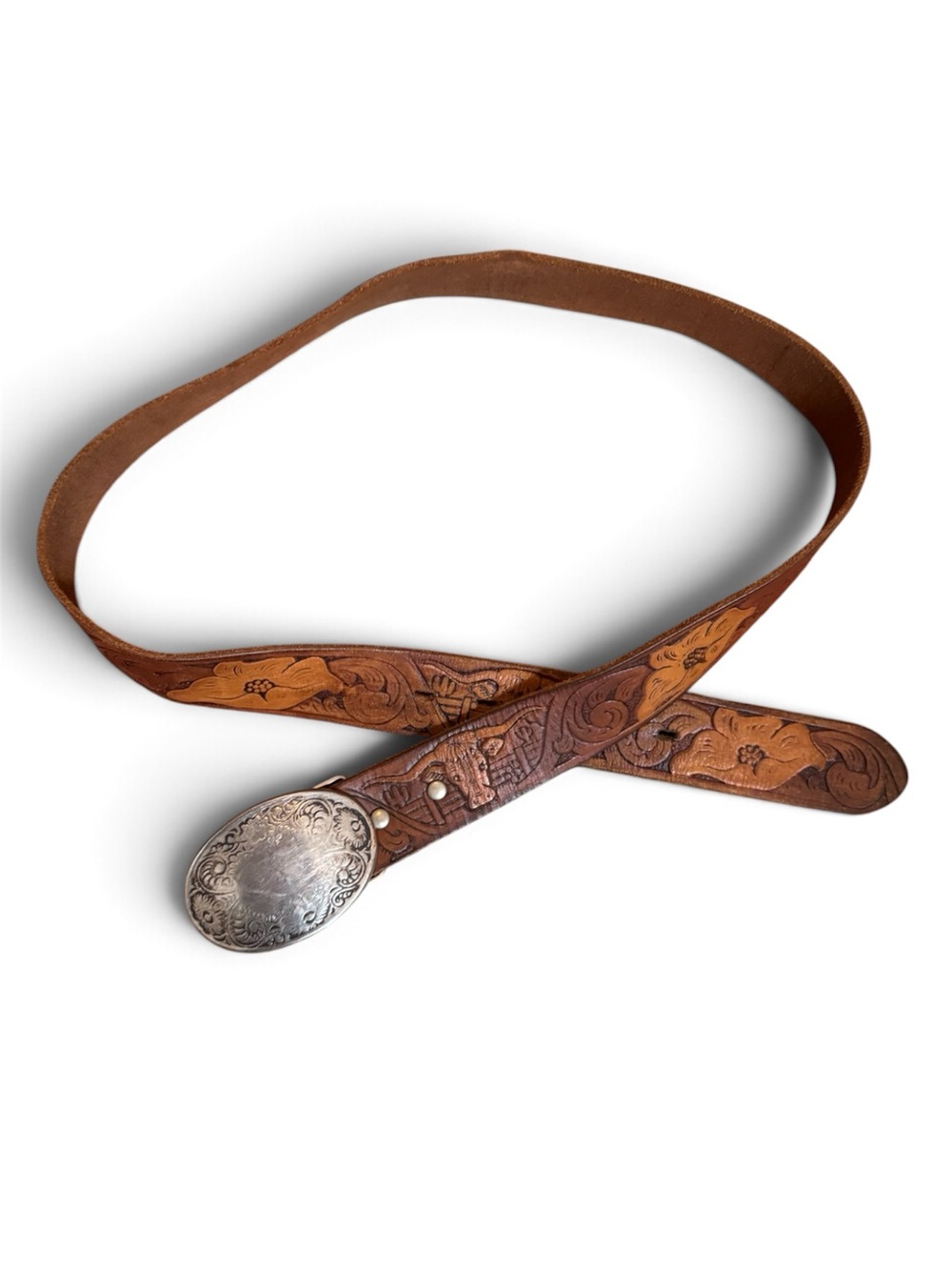 Wilsons Leather Brown Tooled Floral Leather Belt with Decorative Silver Buckle